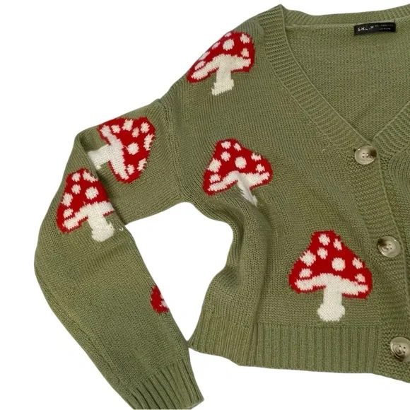 Green Mushroom Patterned Cardigan Sweater - Picture 2 of 6